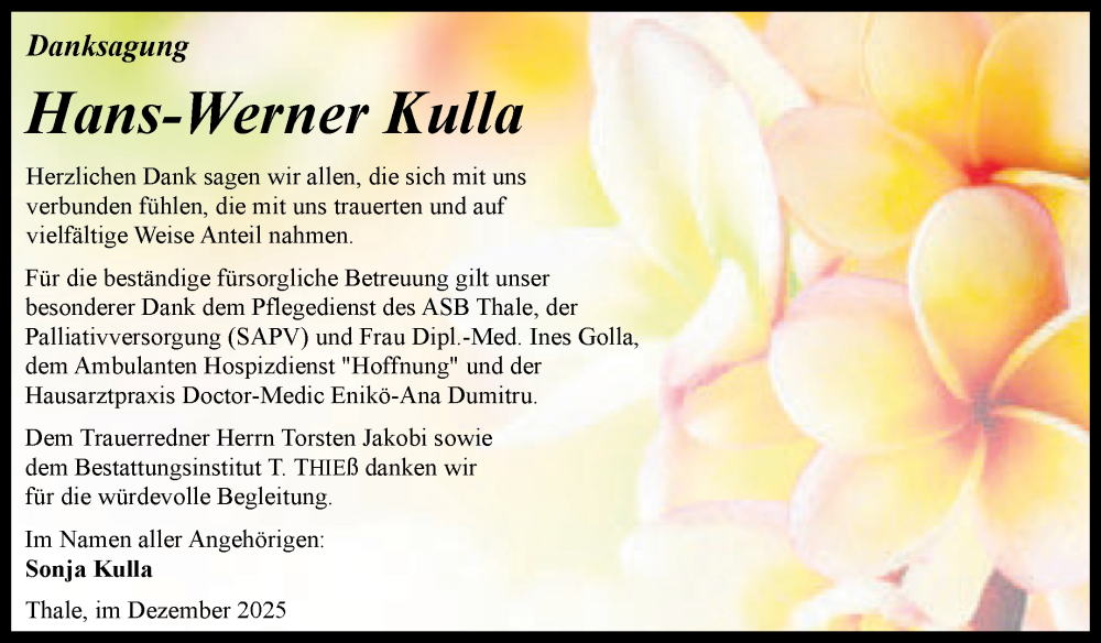  Traueranzeige für Hans-Werner Kulla vom 20.12.2025 aus Trauerkombi Quedlinburg
