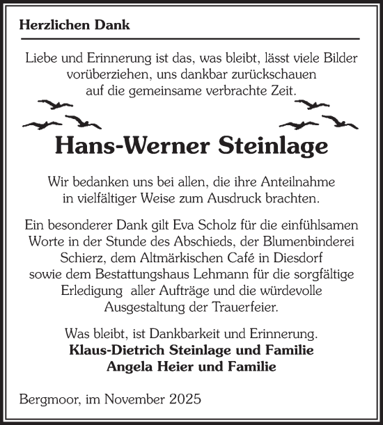 Traueranzeige von Hans-Werner Steinlage von Volksstimme Altmark West