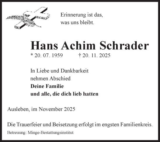 Traueranzeige von Hans Achim Schrader von Volksstimme Oschersleben/Wanzleben