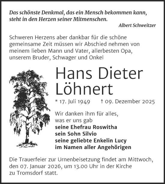 Traueranzeige von Hans Dieter Löhnert von Super Sonntag Naumburg/Nebra