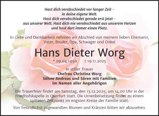 Traueranzeige von Hans Dieter Worg von Trauerkombi Merseburg