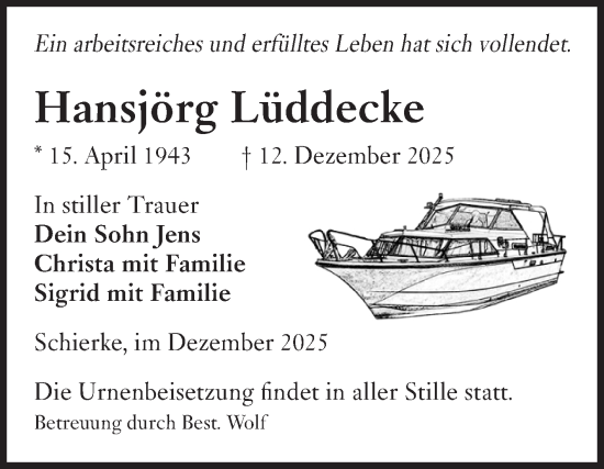 Traueranzeige von Hansjörg Lüddecke von Volksstimme Wernigerode