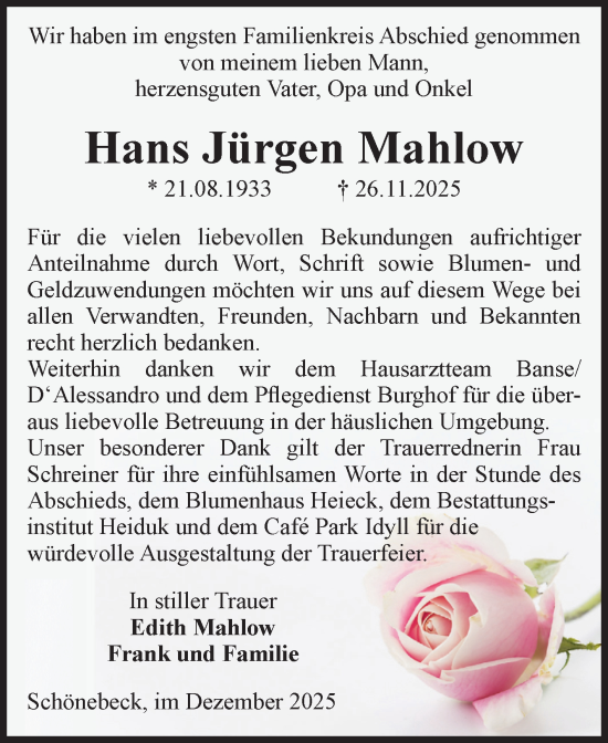 Traueranzeige von Hans Jürgen Mahlow von Volksstimme Haldensleben/Wolmirstedt