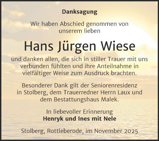 Traueranzeige von Hans Jürgen Wiese von Trauerkombi Sangerhausen