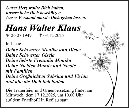 Traueranzeige von Hans Walter Klaus von Trauerkombi Dessau