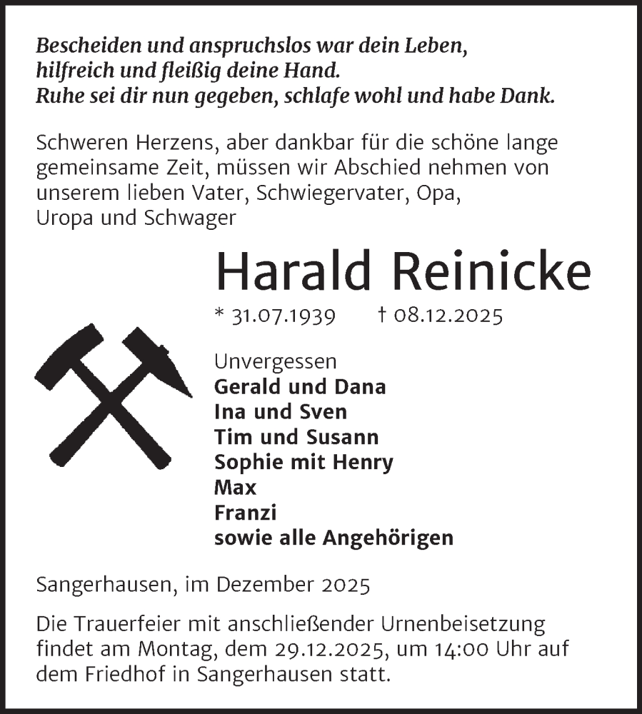  Traueranzeige für Harald Reinicke vom 20.12.2025 aus Trauerkombi Sangerhausen
