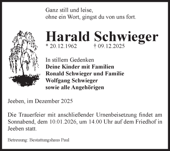 Traueranzeige von Harald Schwieger von Volksstimme Altmark West