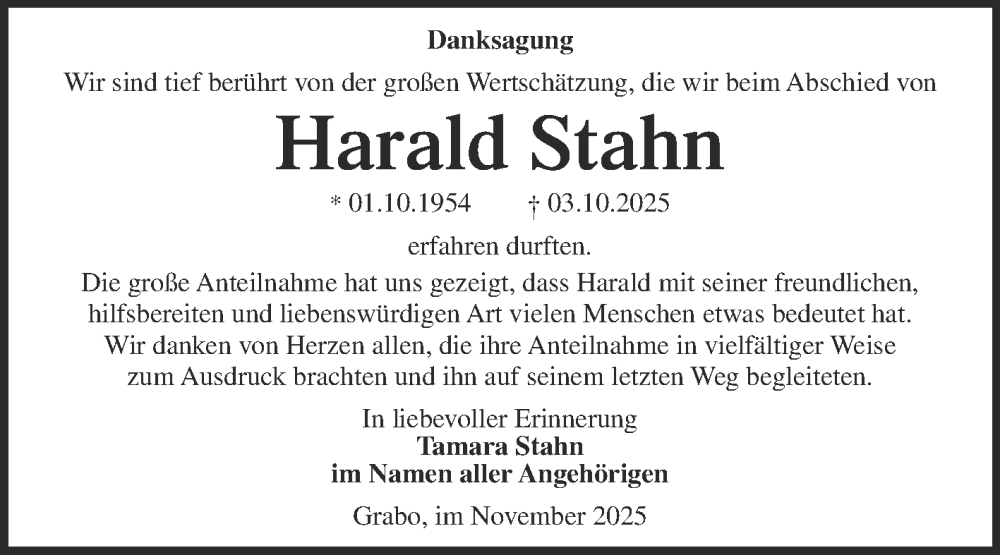  Traueranzeige für Harald Stahn vom 06.12.2025 aus Trauerkombi Wittenberg
