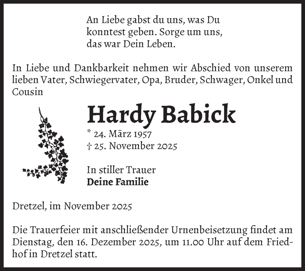  Traueranzeige für Hardy Babick vom 06.12.2025 aus Volksstimme Burg/Genthin