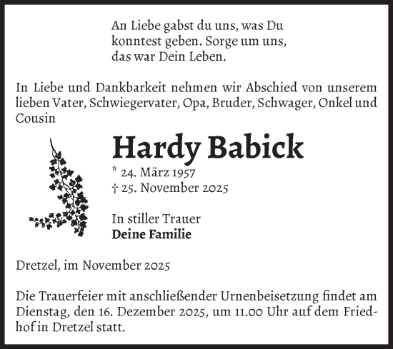 Traueranzeige von Hardy Babick von Volksstimme Burg/Genthin