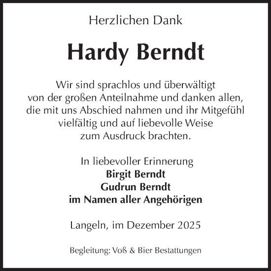 Traueranzeige von Hardy Berndt von Volksstimme Wernigerode