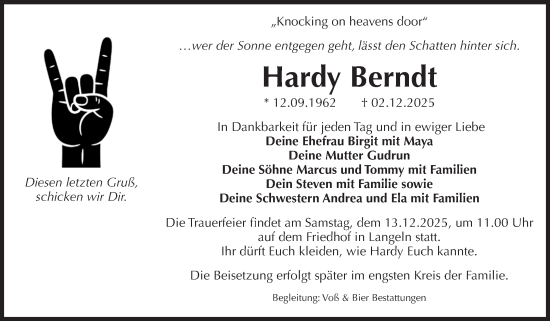 Traueranzeige von Hardy Berndt von Volksstimme Wernigerode