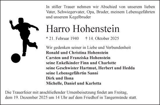 Traueranzeige von Harro Hohenstein von Volksstimme Altmark Ost