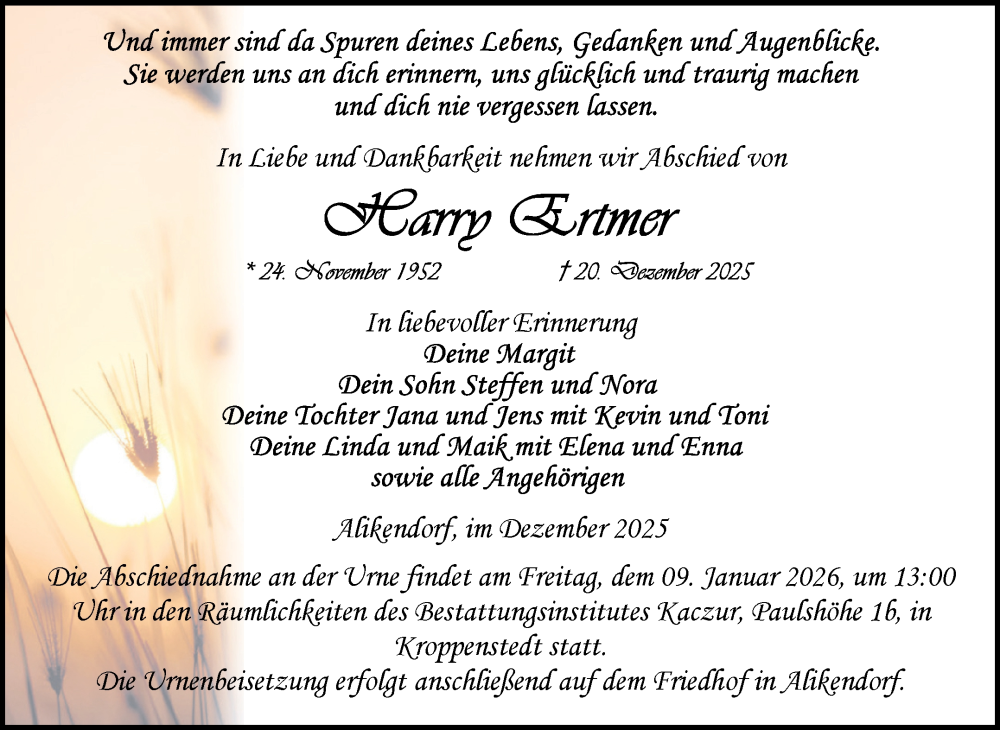  Traueranzeige für Harry Ertmer vom 27.12.2025 aus Volksstimme Oschersleben/Wanzleben