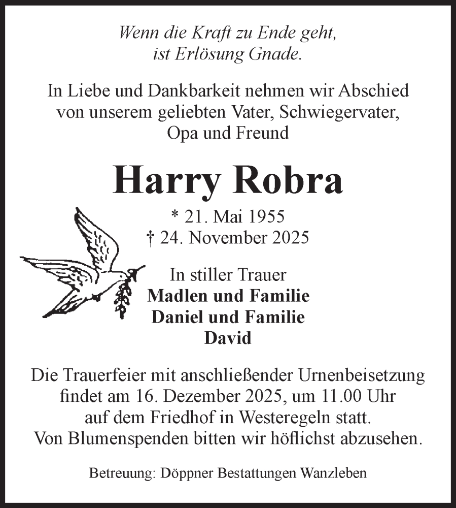  Traueranzeige für Harry Robra vom 06.12.2025 aus Volksstimme Staßfurt