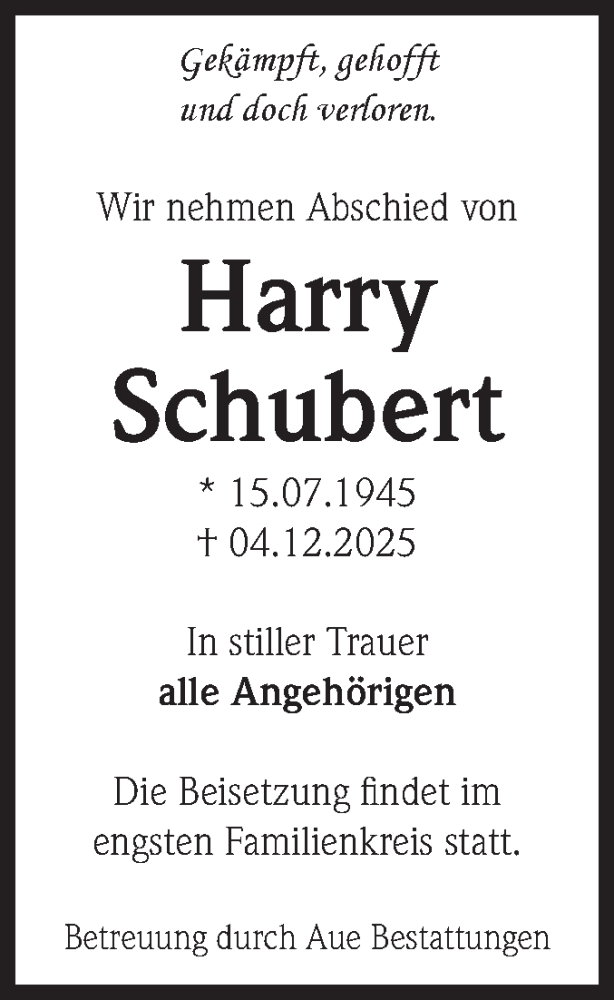  Traueranzeige für Harry Schubert vom 20.12.2025 aus Volksstimme Magdeburg