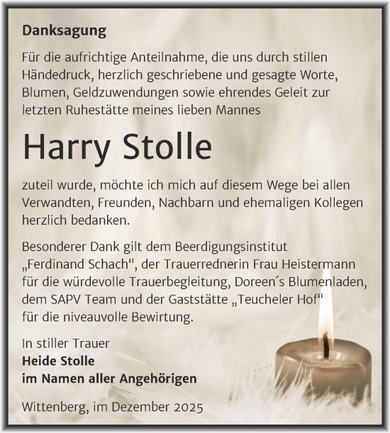 Traueranzeige von Harry Stolle von Trauerkombi Wittenberg