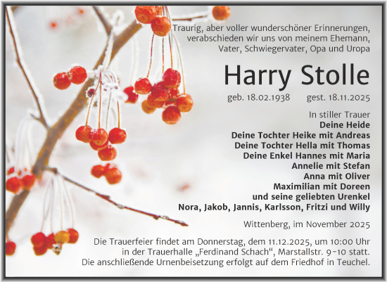 Traueranzeige von Harry Stolle von Trauerkombi Wittenberg