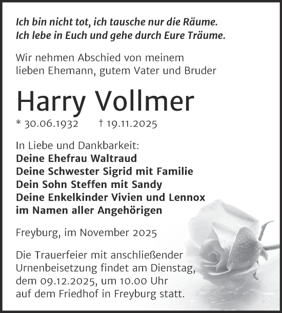 Traueranzeige von Harry Vollmer von Super Sonntag Naumburg/Nebra