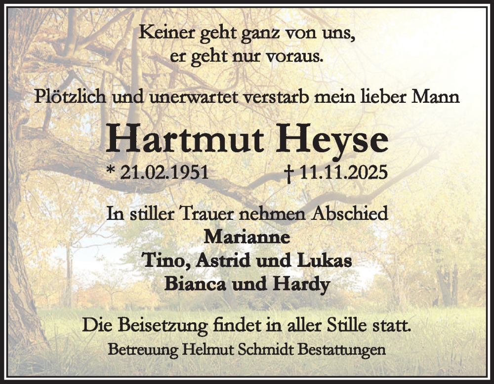  Traueranzeige für Hartmut Heyse vom 29.11.2025 aus Volksstimme Magdeburg