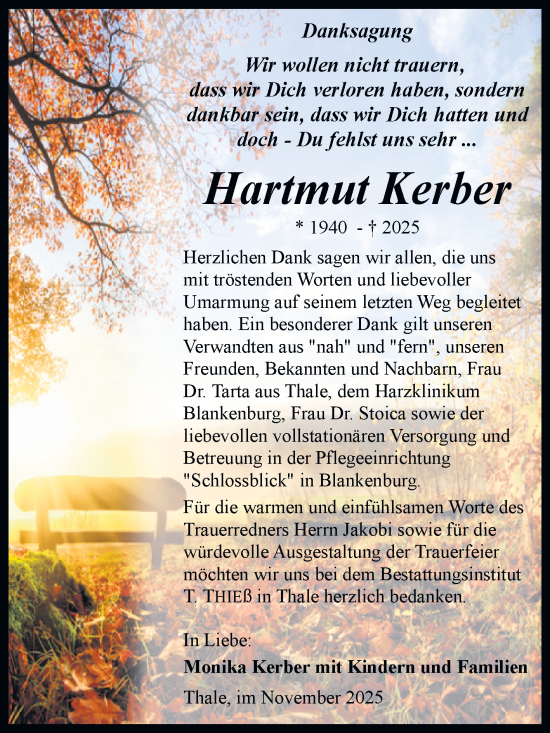 Traueranzeige von Hartmut Kerber von Trauerkombi Quedlinburg