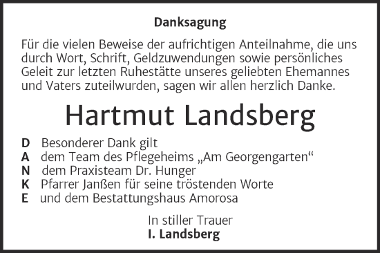 Traueranzeige von Hartmut Landsberg von Trauerkombi Dessau