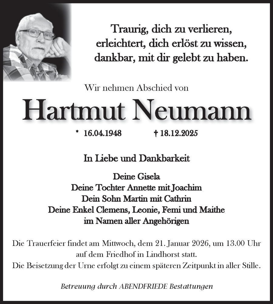  Traueranzeige für Hartmut Neumann vom 27.12.2025 aus Volksstimme Haldensleben/Wolmirstedt