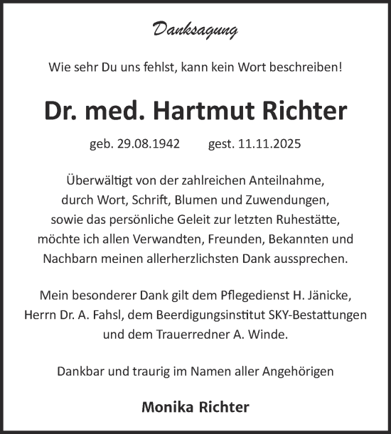 Traueranzeige von Hartmut Richter von Trauerkombi Wittenberg