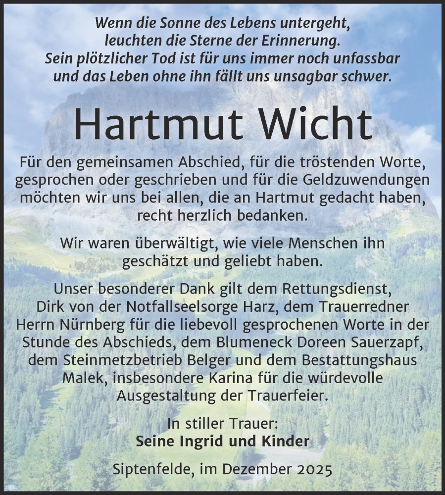  Traueranzeige für Hartmut Wicht vom 06.12.2025 aus Trauerkombi Quedlinburg