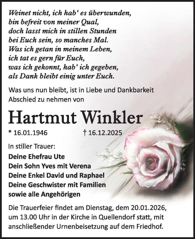  Traueranzeige für Hartmut Winkler vom 20.12.2025 aus Trauerkombi Köthen