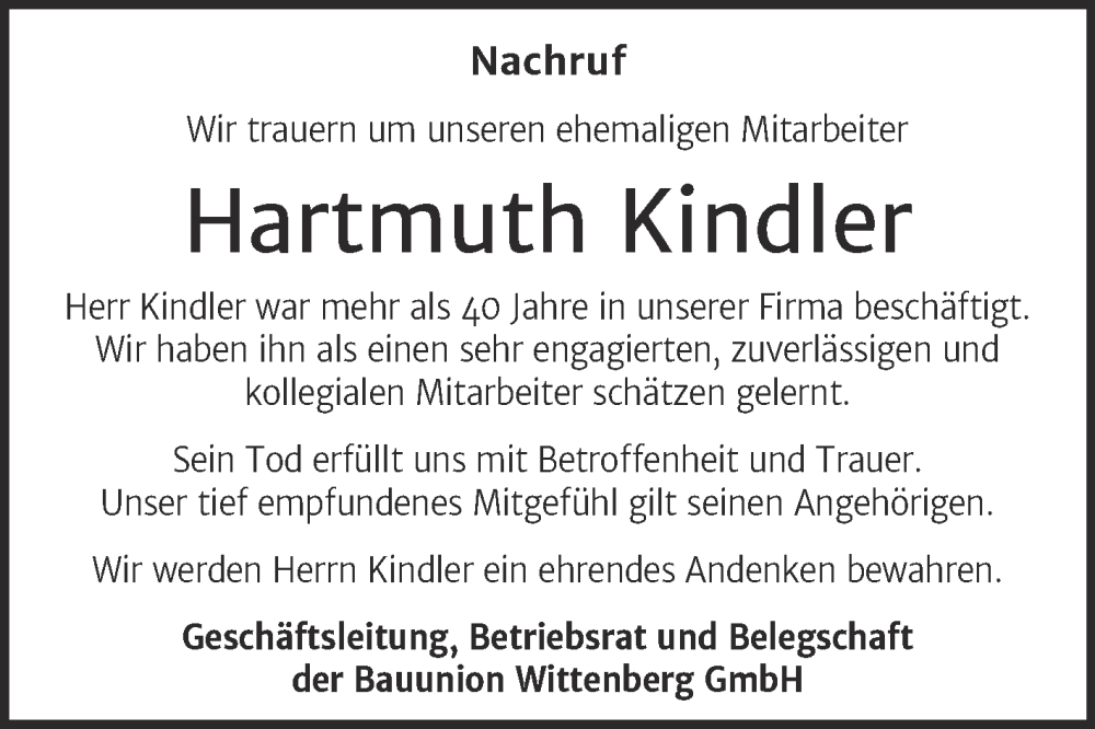  Traueranzeige für Hartmuth Kindler vom 13.12.2025 aus Super Sonntag Wittenberg