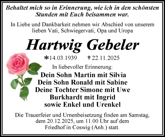 Traueranzeige von Hartwig Gebeler von Trauerkombi Wittenberg