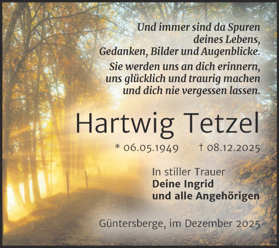 Traueranzeige von Hartwig Tetzel von Super Sonntag Quedlingburg