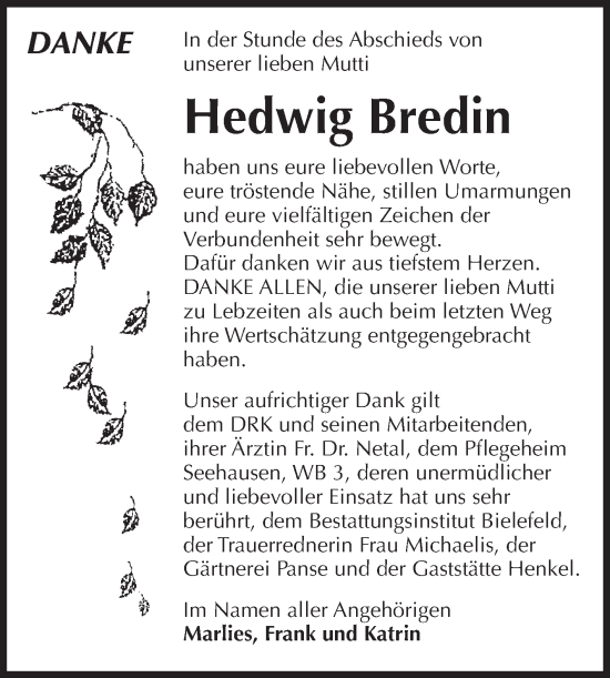 Traueranzeige von Hedwig Bredin von Volksstimme Altmark Ost