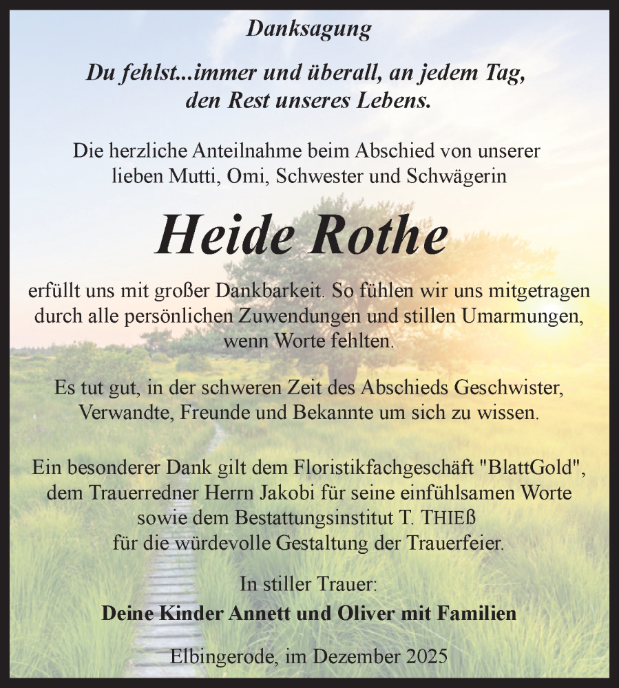  Traueranzeige für Heide Rothe vom 20.12.2025 aus Volksstimme Wernigerode