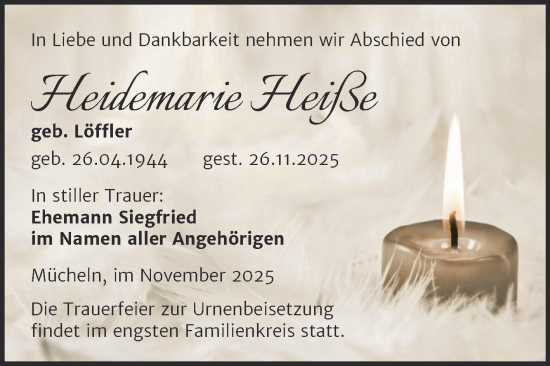 Traueranzeige von Heidemarie Heiße von Trauerkombi Merseburg