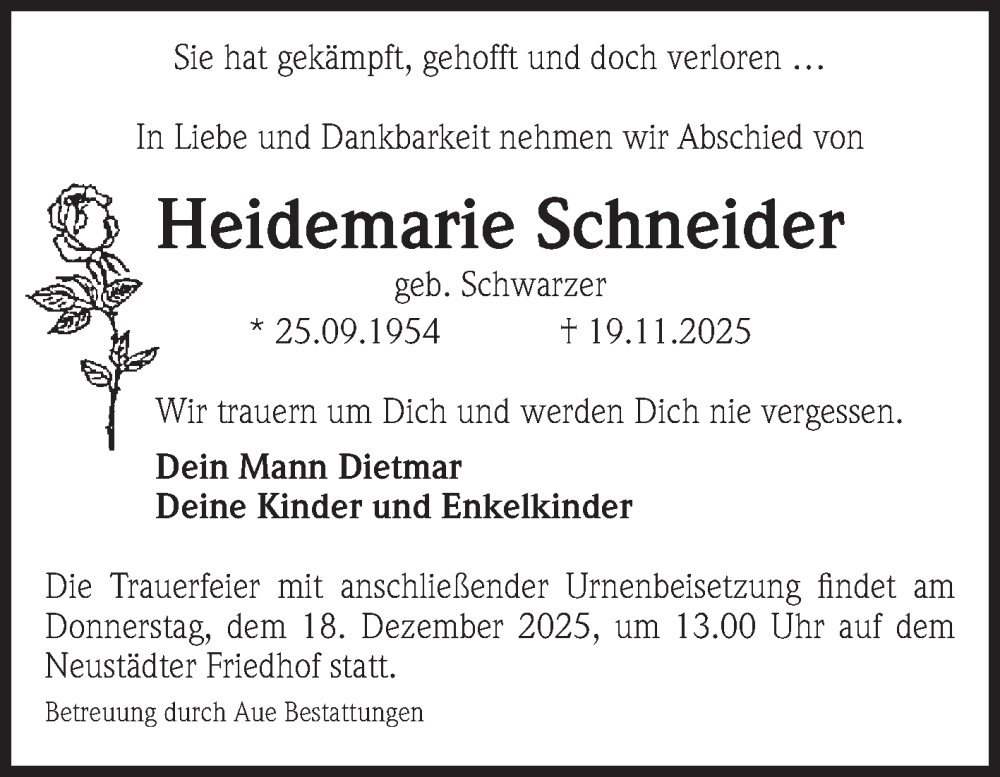  Traueranzeige für Heidemarie Schneider vom 29.11.2025 aus Volksstimme Magdeburg