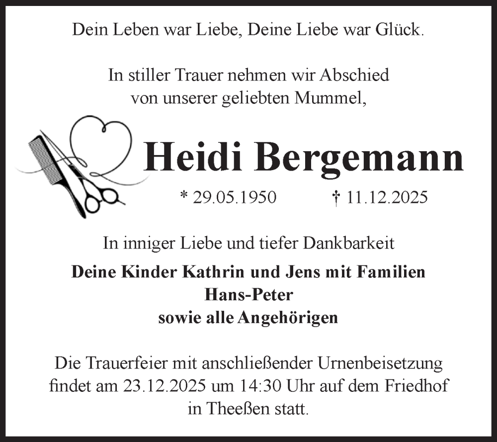  Traueranzeige für Heidi Bergemann vom 20.12.2025 aus Volksstimme Burg/Genthin