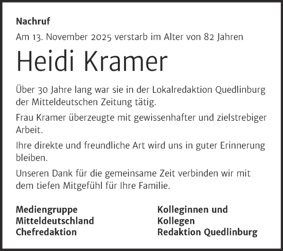Traueranzeige von Heidi Kramer von Mitteldeutsche Zeitung Quedlingburg