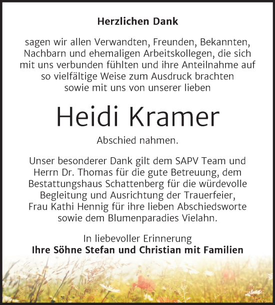 Traueranzeige von Heidi Kramer von Trauerkombi Quedlinburg