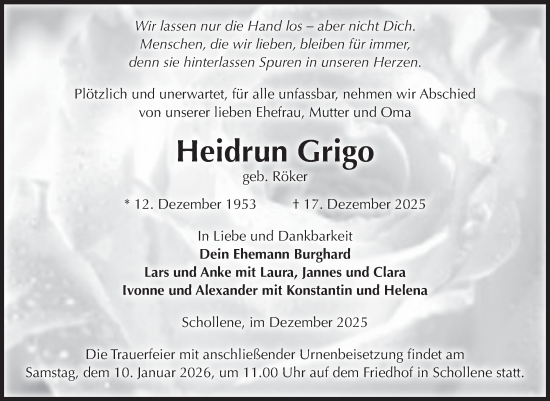 Traueranzeige von Heidrun Grigo von Volksstimme Altmark Ost