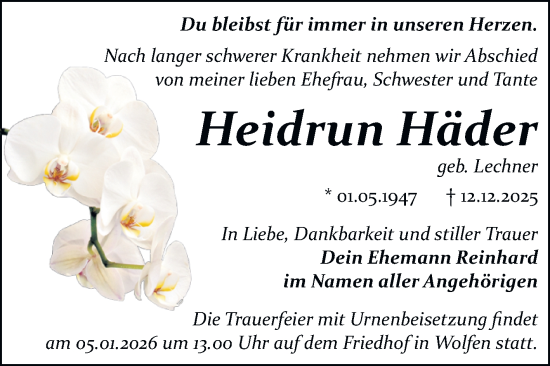 Traueranzeige von Heidrun Häder von Trauerkombi Bitterfeld