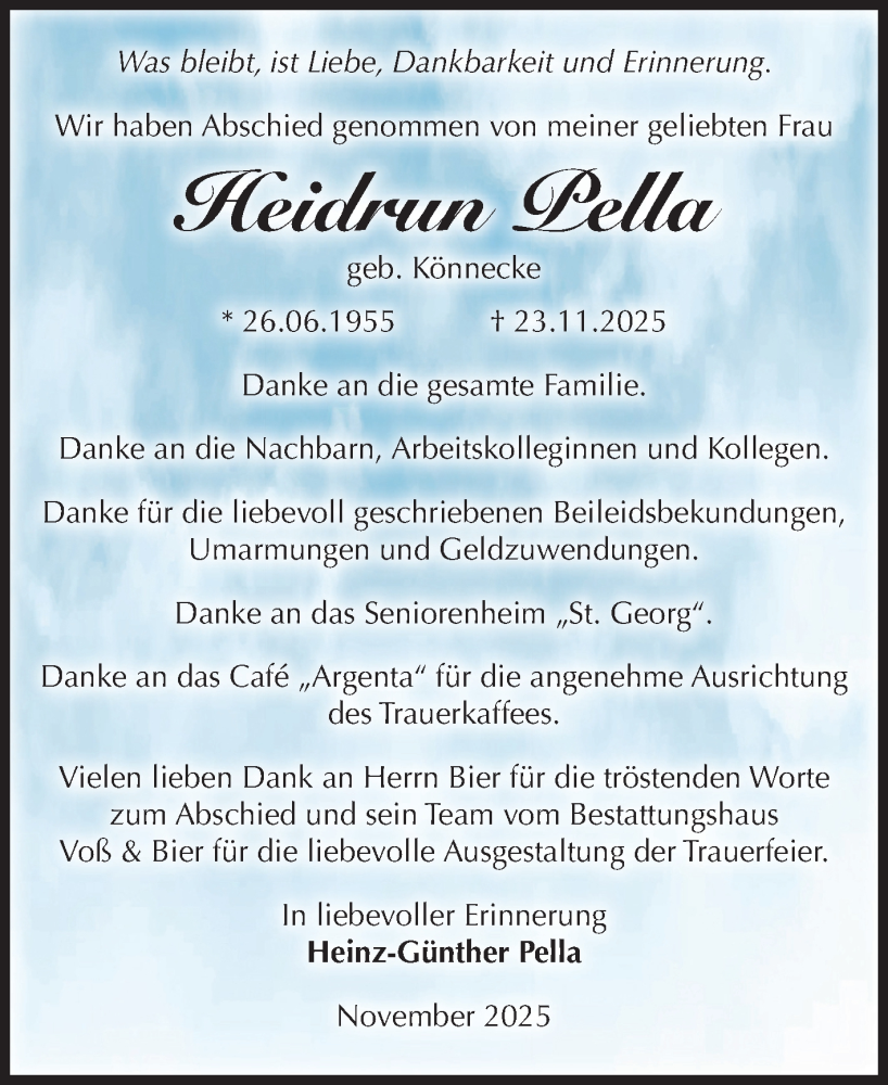  Traueranzeige für Heidrun Pella vom 29.11.2025 aus Volksstimme Wernigerode