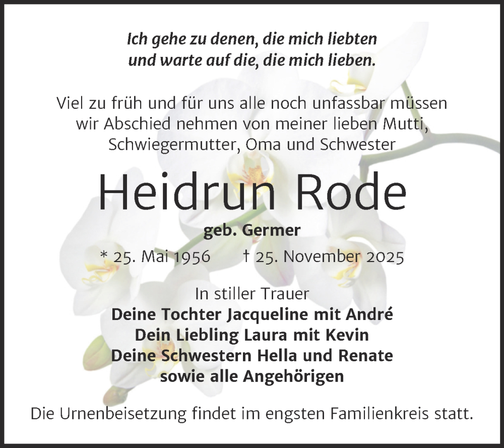 Traueranzeige für Heidrun Rode vom 06.12.2025 aus Trauerkombi Zeitz