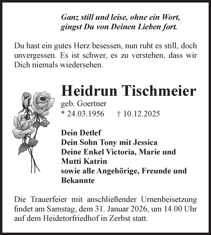  Traueranzeige für Heidrun Tischmeier vom 20.12.2025 aus Volksstimme Oschersleben/Wanzleben