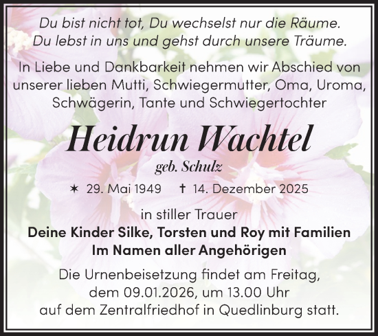 Traueranzeige von Heidrun Wachtel von Trauerkombi Quedlinburg
