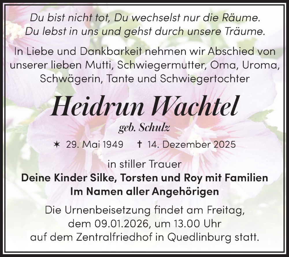  Traueranzeige für Heidrun Wachtel vom 20.12.2025 aus Trauerkombi Quedlinburg