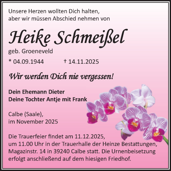 Traueranzeige von Heike Schmeißel von Volksstimme Schönebeck