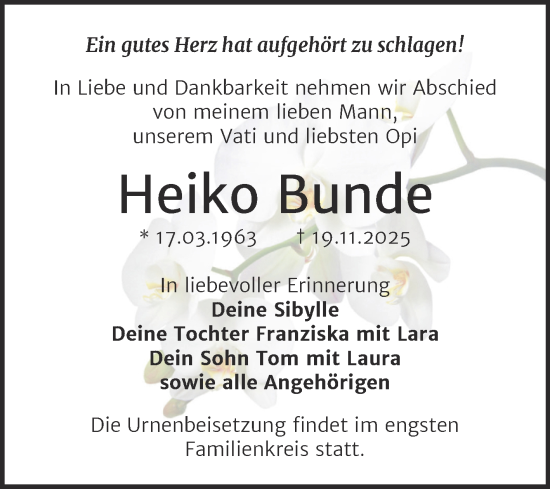 Traueranzeige von Heiko Bunde von Trauerkombi Wittenberg