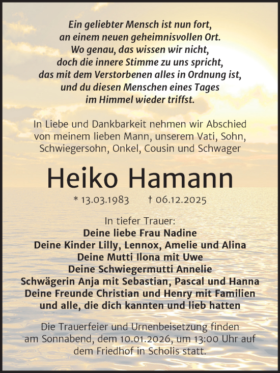 Traueranzeige von Heiko Hamann von Trauerkombi Wittenberg